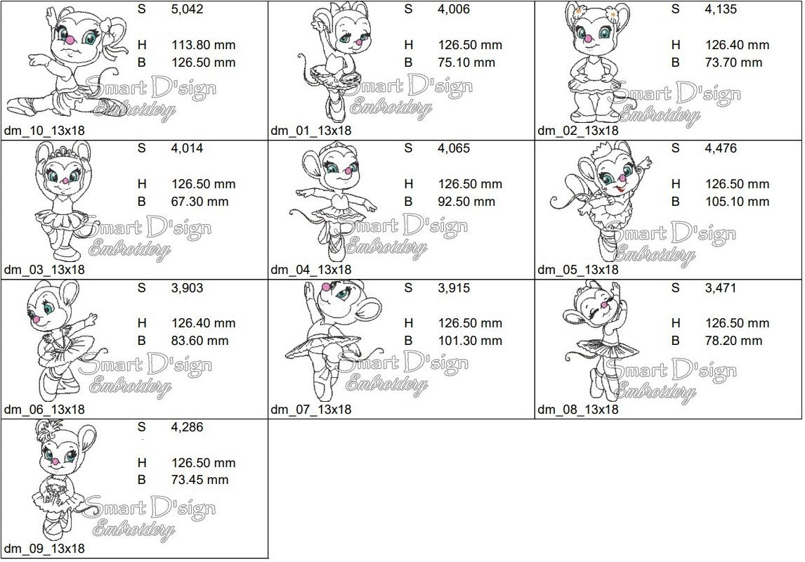 10x Mice Ballerina Doodle Applique Embroidery Design