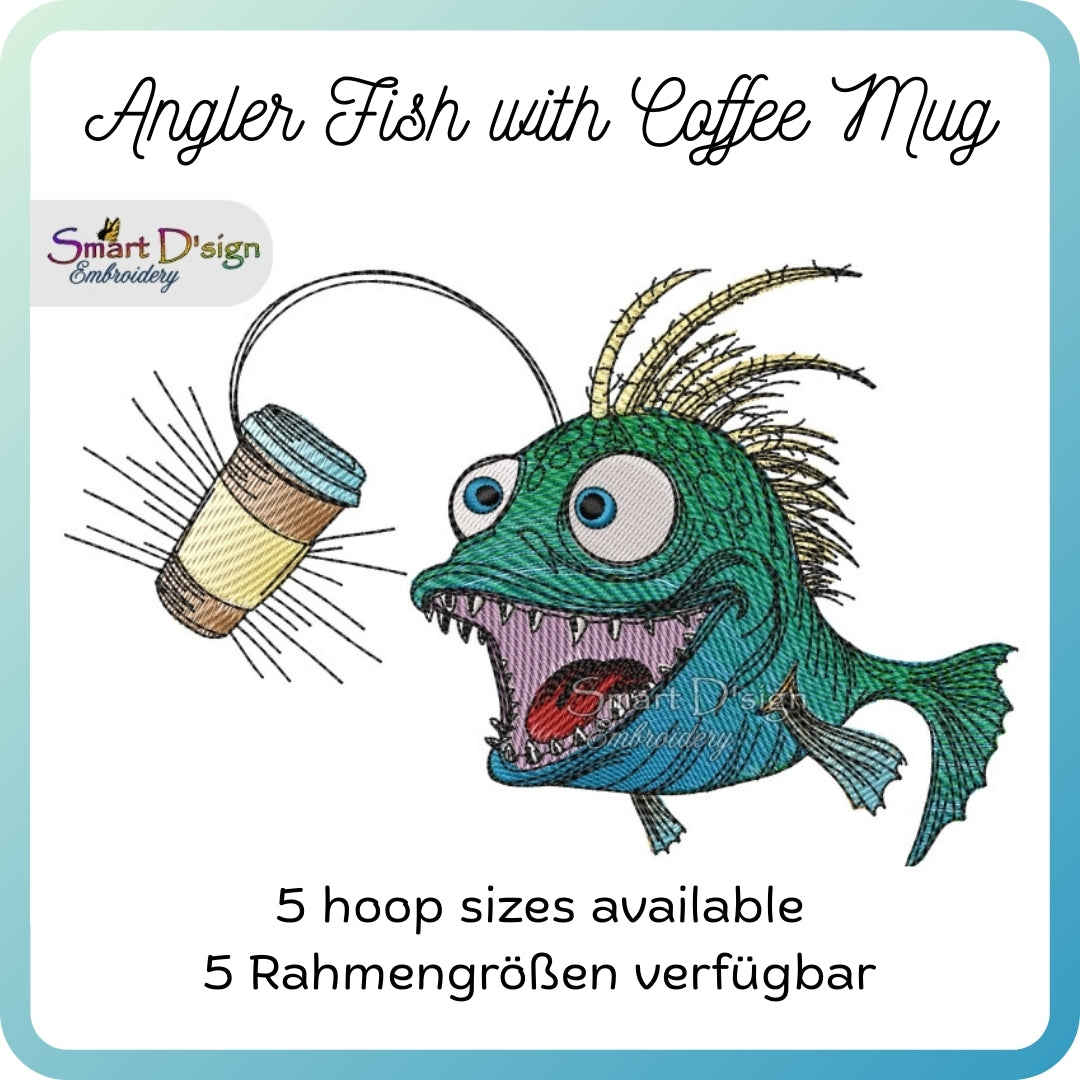 ANGLER FISH with COFFEE CUP - Embroidery Design
