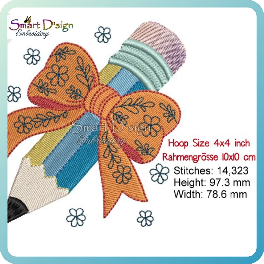 Pencil with Bow Embroidery Design 4x4 inch / 10x10 cm Back to School