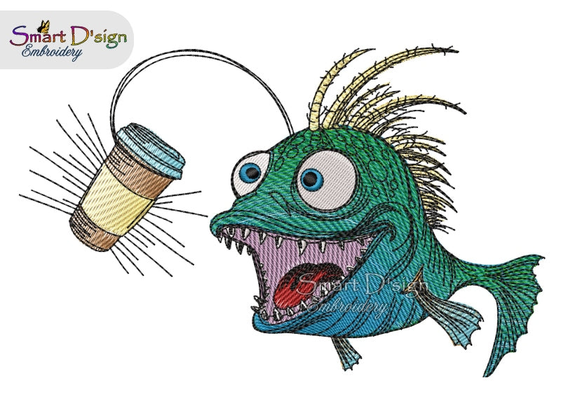 ANGLER FISH with COFFEE CUP - Embroidery Design