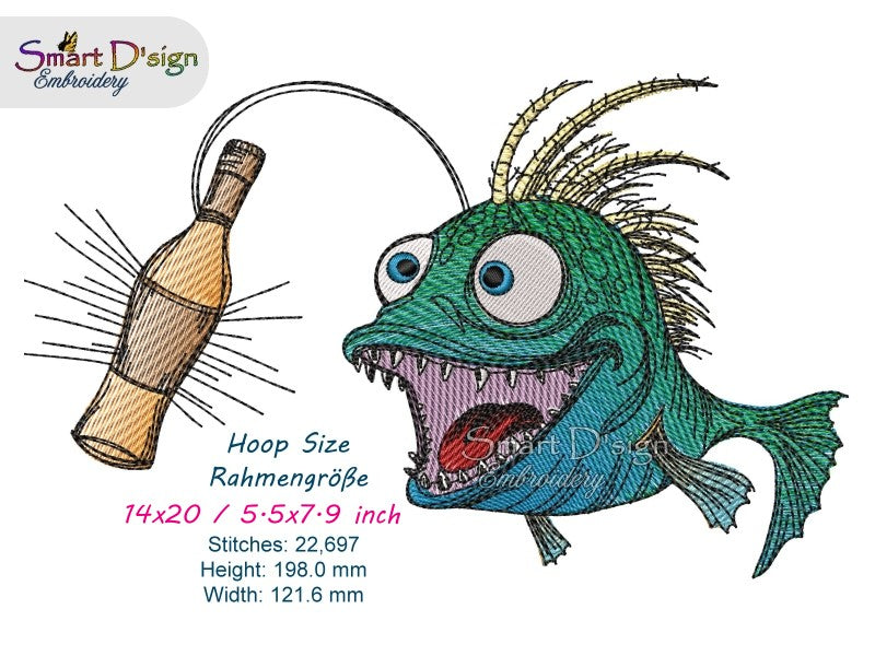 ANGLER FISH with BOTTLE - Embroidery Design