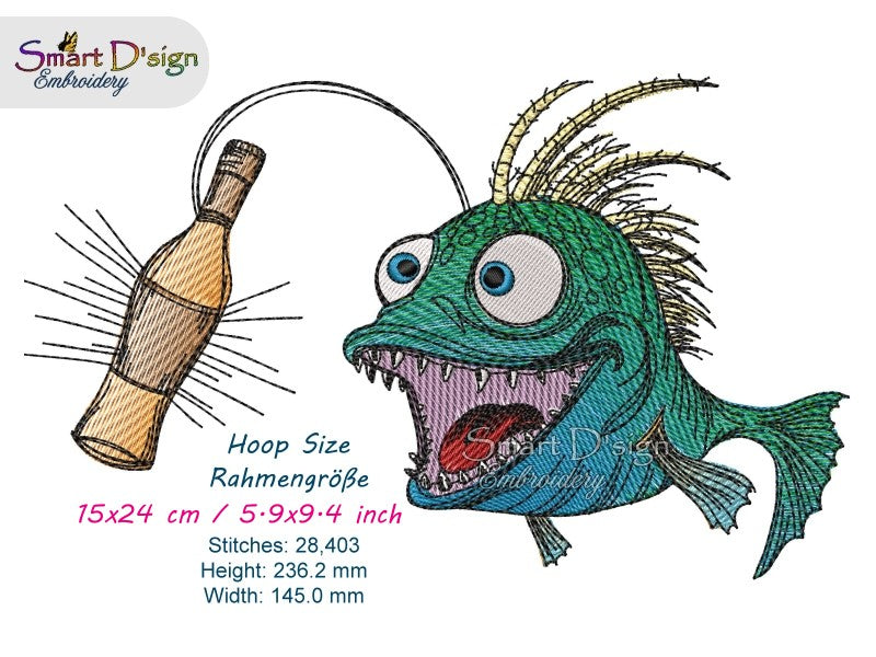 ANGLER FISH with BOTTLE - Embroidery Design