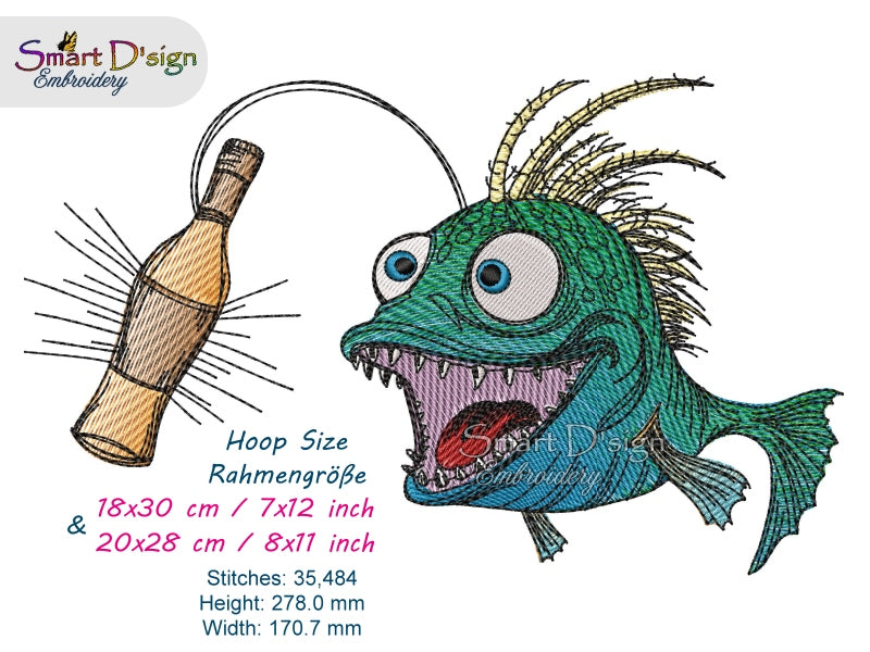 ANGLER FISH with BOTTLE - Embroidery Design