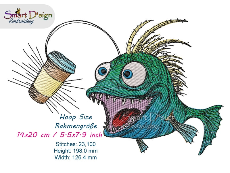 ANGLER FISH with COFFEE CUP - Embroidery Design
