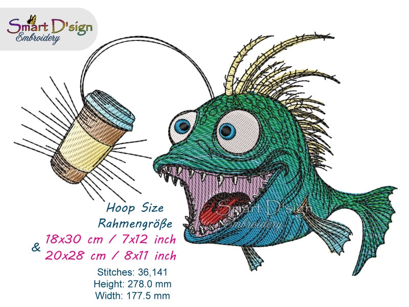 ANGLER FISH with COFFEE CUP - Embroidery Design