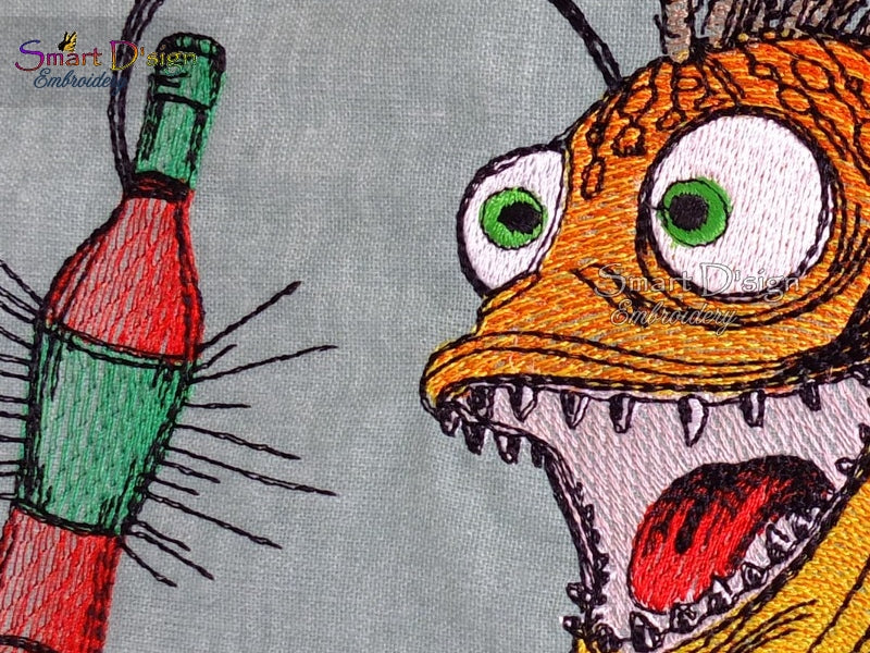 Quirky angler fish embroidery file with bottle – medium hoop stitch details