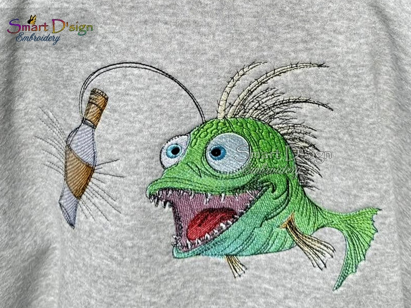 Close-up of Smart D'sign's angler fish bottle design in scribble style