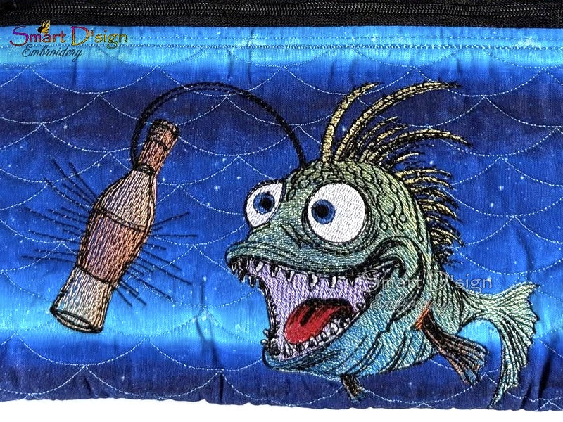 Digital download – angler fish bottle embroidery shown in all hoop sizes