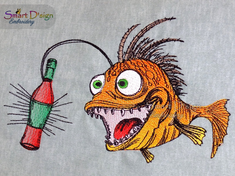 Machine embroidery design – angler fish with whiskey or wine bottle
