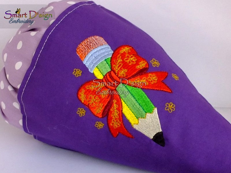 Pencil with Bow Embroidery Design 4x4 inch / 10x10 cm Back to School