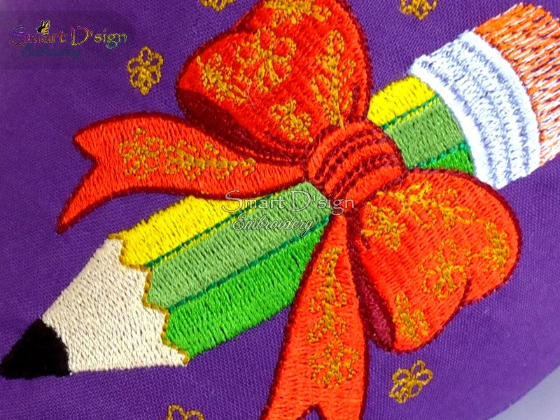 Pencil with Bow Embroidery Design 4x4 inch / 10x10 cm Back to School
