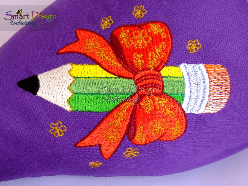 Pencil with Bow Embroidery Design 4x4 inch / 10x10 cm Back to School