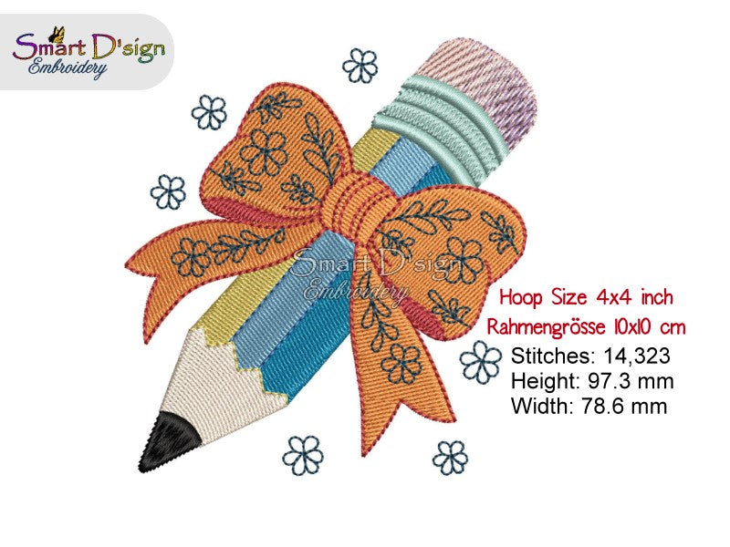 Pencil with Bow Embroidery Design 4x4 inch / 10x10 cm Back to School