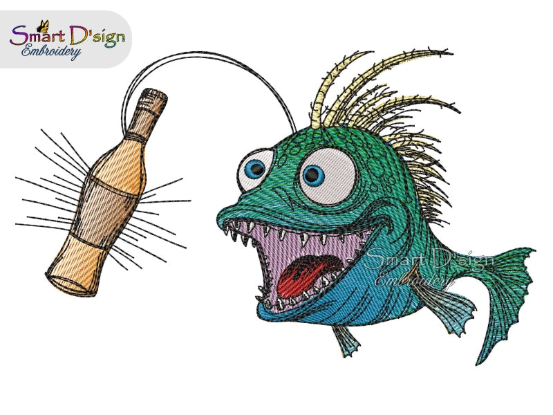 ANGLER FISH with BOTTLE - Embroidery Design
