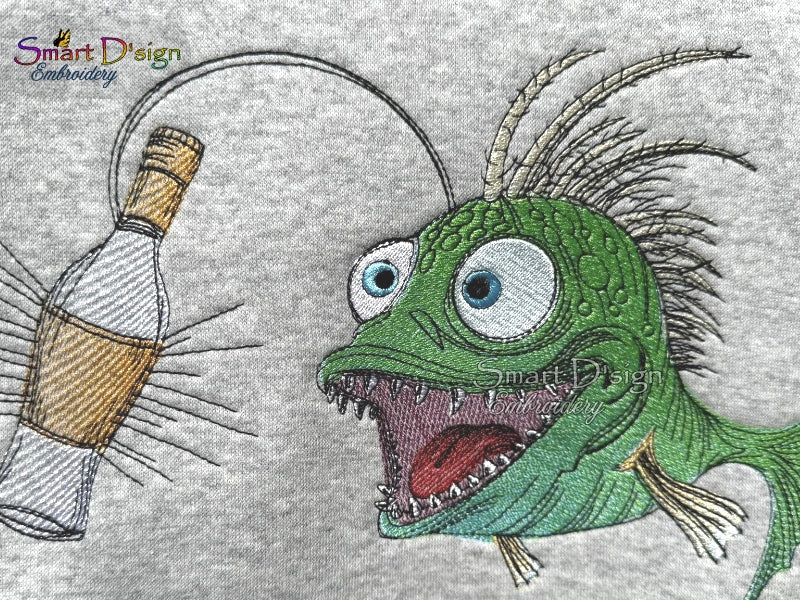 ANGLER FISH with BOTTLE - Embroidery Design