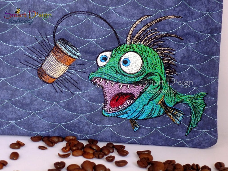 ANGLER FISH with COFFEE CUP - Embroidery Design