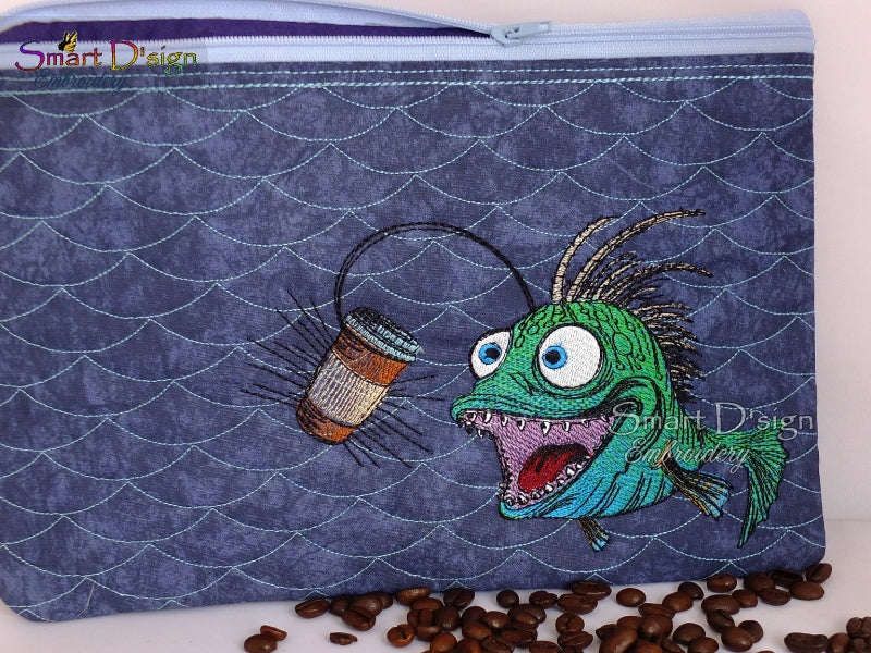 ANGLER FISH with COFFEE CUP - Embroidery Design