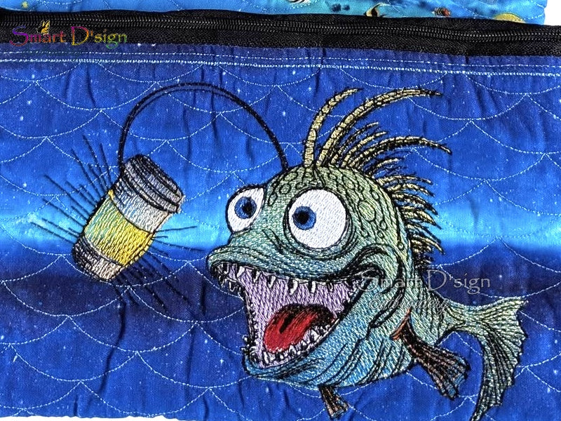 ANGLER FISH with COFFEE CUP - Embroidery Design