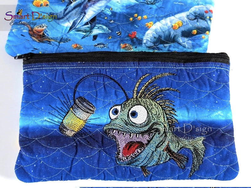 ANGLER FISH with COFFEE CUP - Embroidery Design