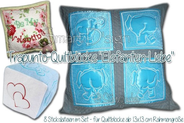 ELEPHANT LOVE - TRAPUNTO Embossed QUILT BLOCKS