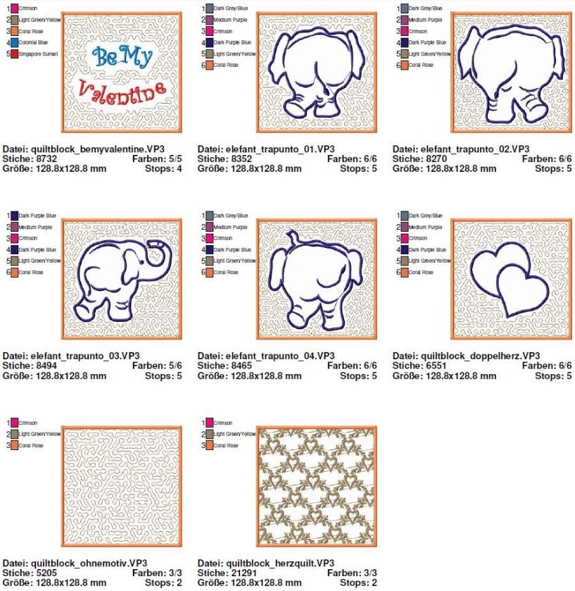ELEPHANT LOVE - TRAPUNTO Embossed QUILT BLOCKS