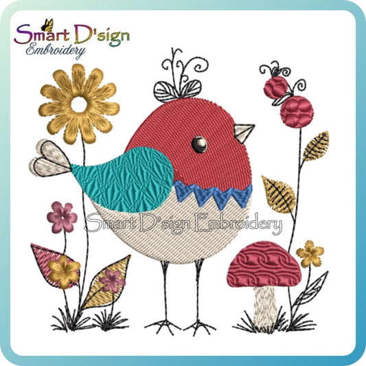 Autumn Bird with Flowers & Berries