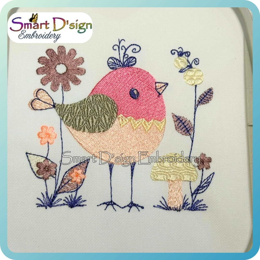 Herbstvogel mit Blumen und Beeren