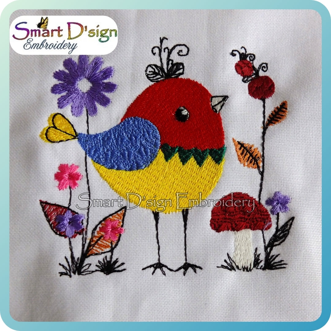 Herbstvogel mit Blumen und Beeren