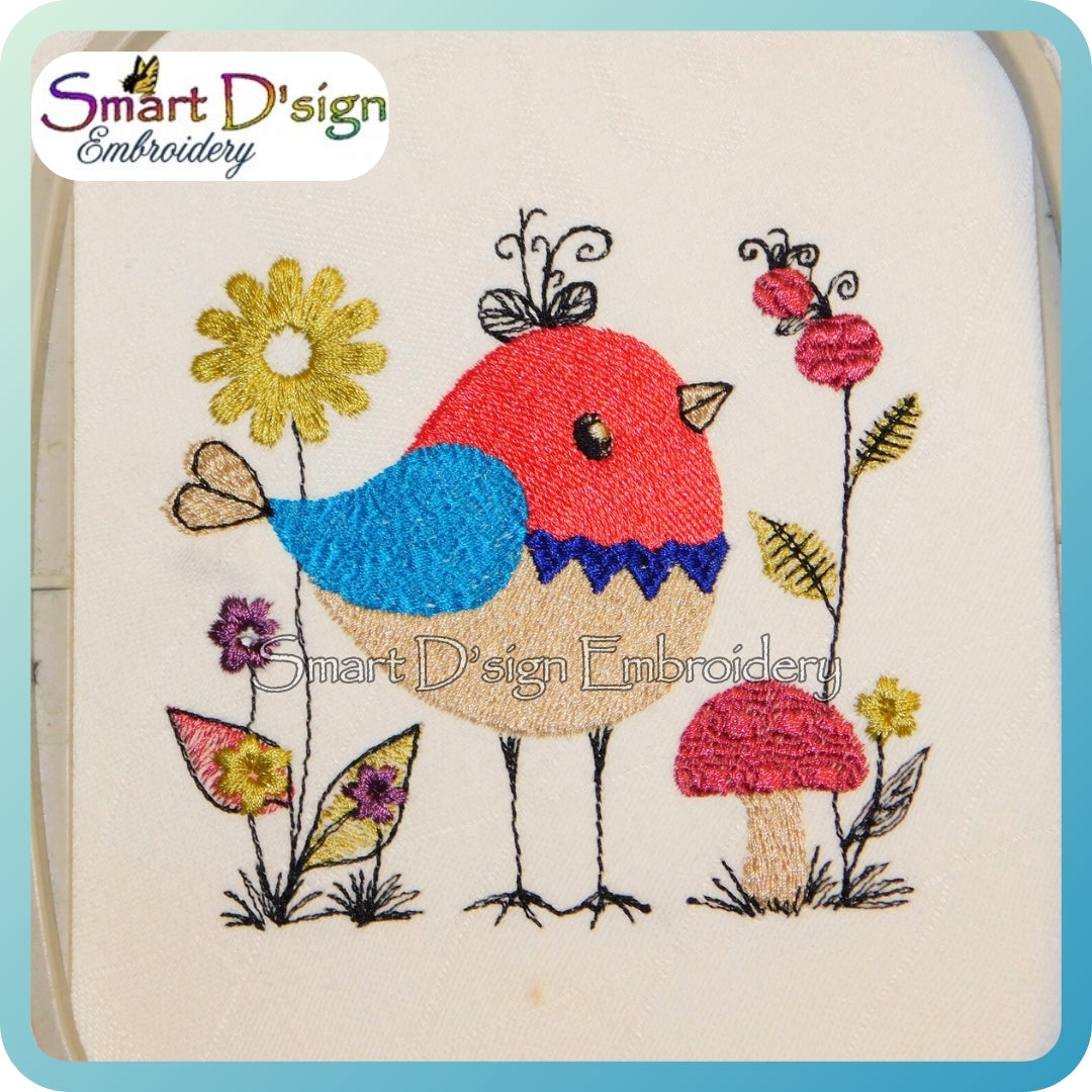 Herbstvogel mit Blumen und Beeren