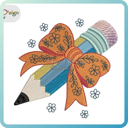 Pencil with Bow Embroidery Design 4x4 inch / 10x10 cm Back to School