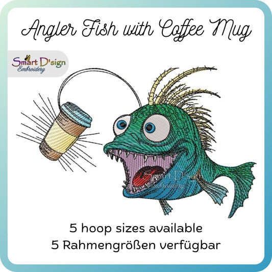 ANGLER FISH with COFFEE CUP - Embroidery Design