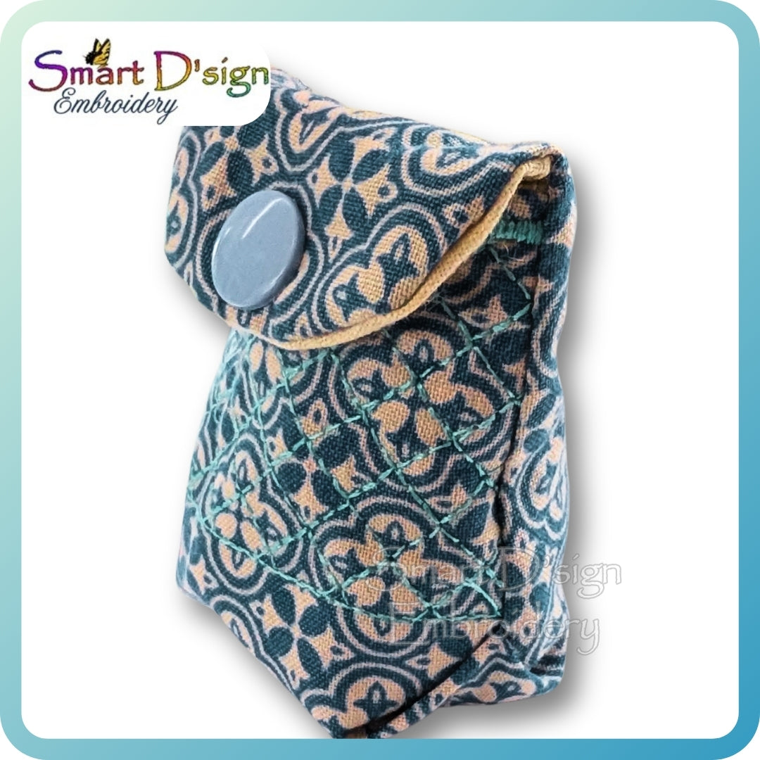 Patterned pouch with a blue button on a white background, branded with Smart D'sign Embroidery.