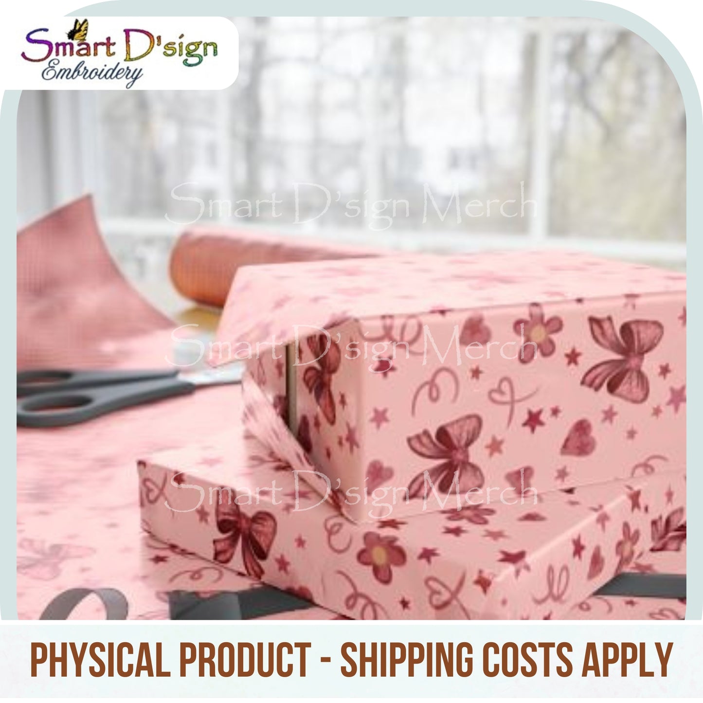 CHARMING PINK BOW GIFT WRAPPING PAPER - Unique Design by Smart D'sign