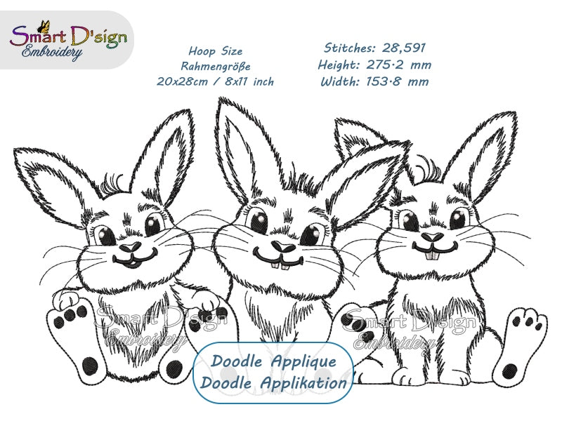 THREE LITTLE BUNNIES Doodle Applique