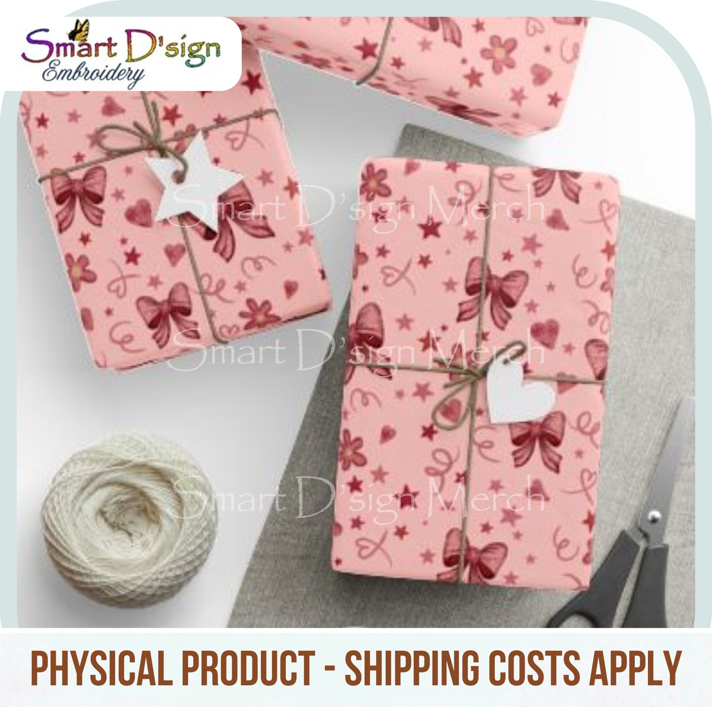 CHARMING PINK BOW GIFT WRAPPING PAPER - Unique Design by Smart D'sign