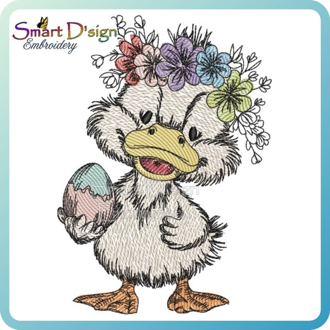 Embroidered design of a duck with flowers and an egg, branded 'Smart D'sign Embroidery'.
