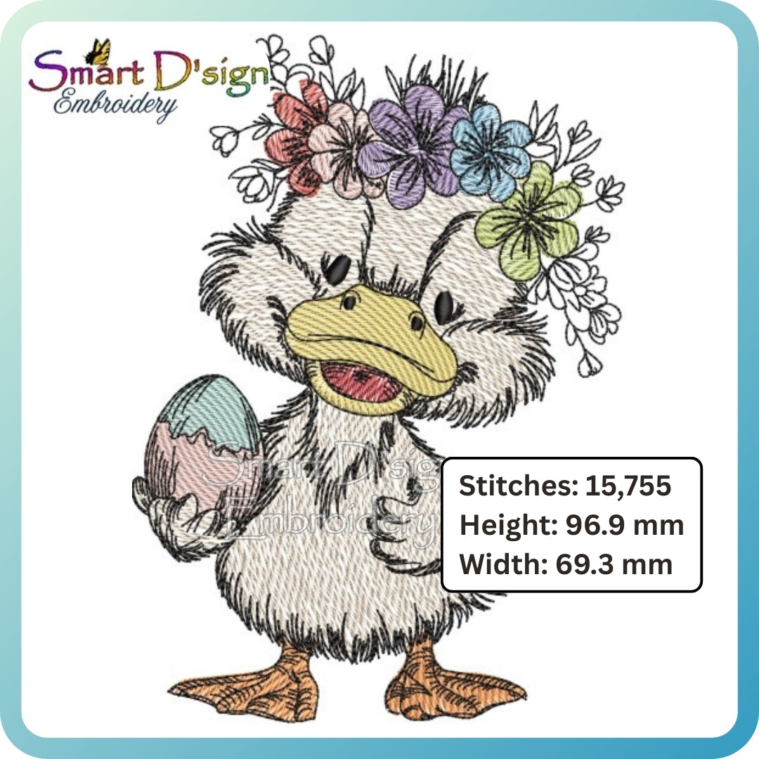 Embroidery design of a duck with flowers and an egg, branded 'Smart D'sign Embroidery'.