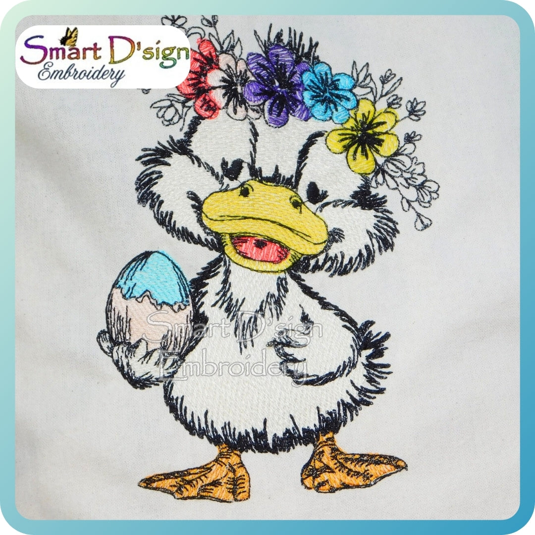 Embroidered design of a duck with flowers and an egg, branded 'Smart D'sign Embroidery'.