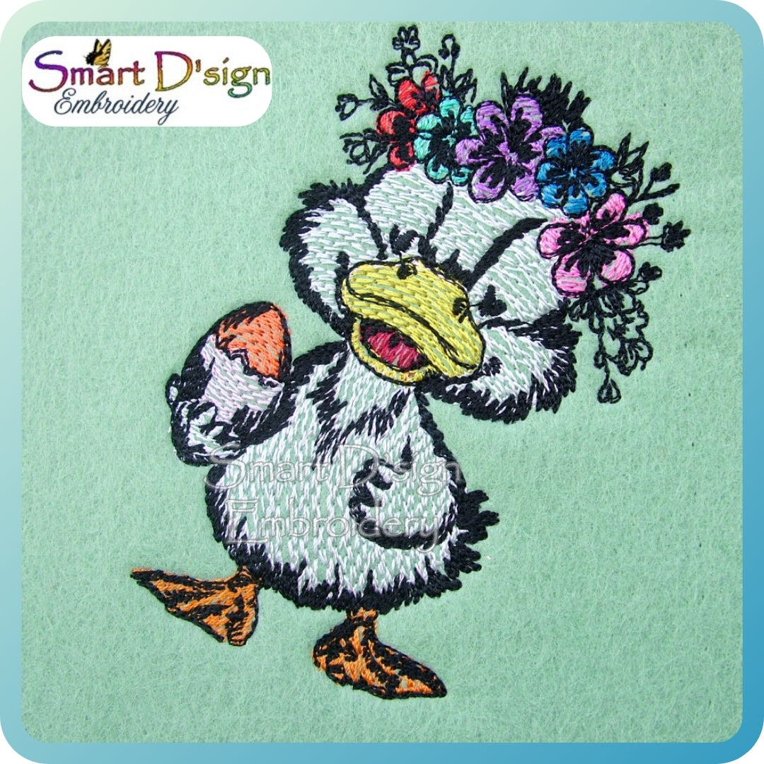 Embroidered patch of a duck with flowers on a light green background, featuring the Smart D'Sign Embroidery logo.