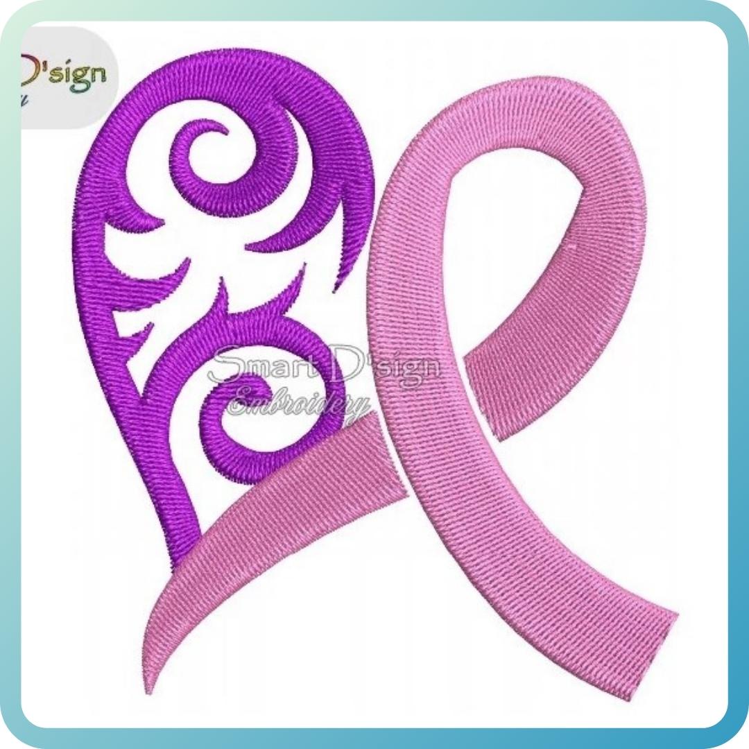 A machine embroidery design of a pink cancer awareness ribbon with a purple heart above it, created by Smart D'sign.