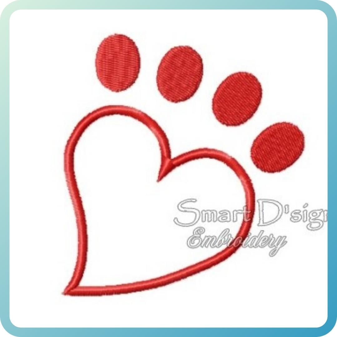 applique of a paw print in the shape of a heart, machine embroidery design