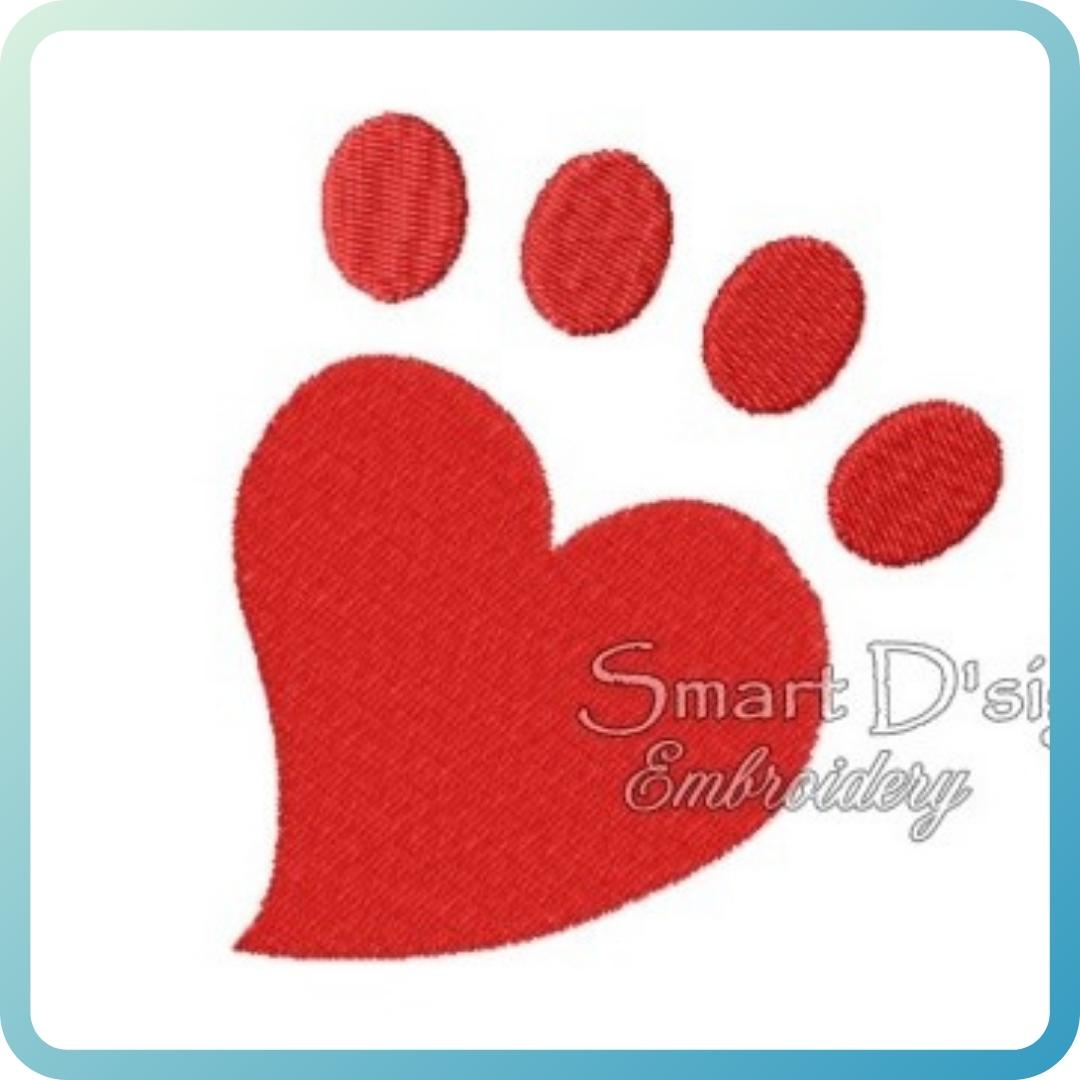 An embroidery design of a paw print in the shape of a heart, fill stitch, 4x4 inch - 10x10 cm size