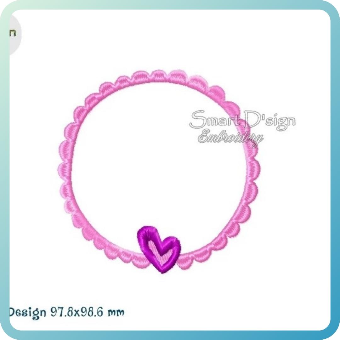 Machine Embroidery Design of a Valentine's Day heart frame with a pink outer border and a purple heart motif in the center.