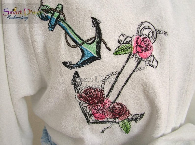 ANCHOR with ROSES Maritime Doodle Outline