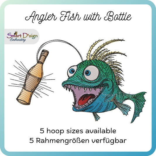 Sketch style angler fish embroidery design with bottle – large hoop size preview