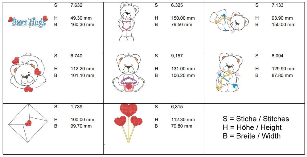 TEDDY BÄRIGE UMARMUNGEN Redwork Applikationen Set