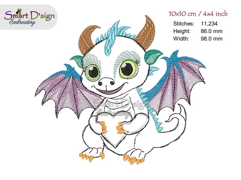 BABY DRAGON with HEART DOODLE APPLIQUE