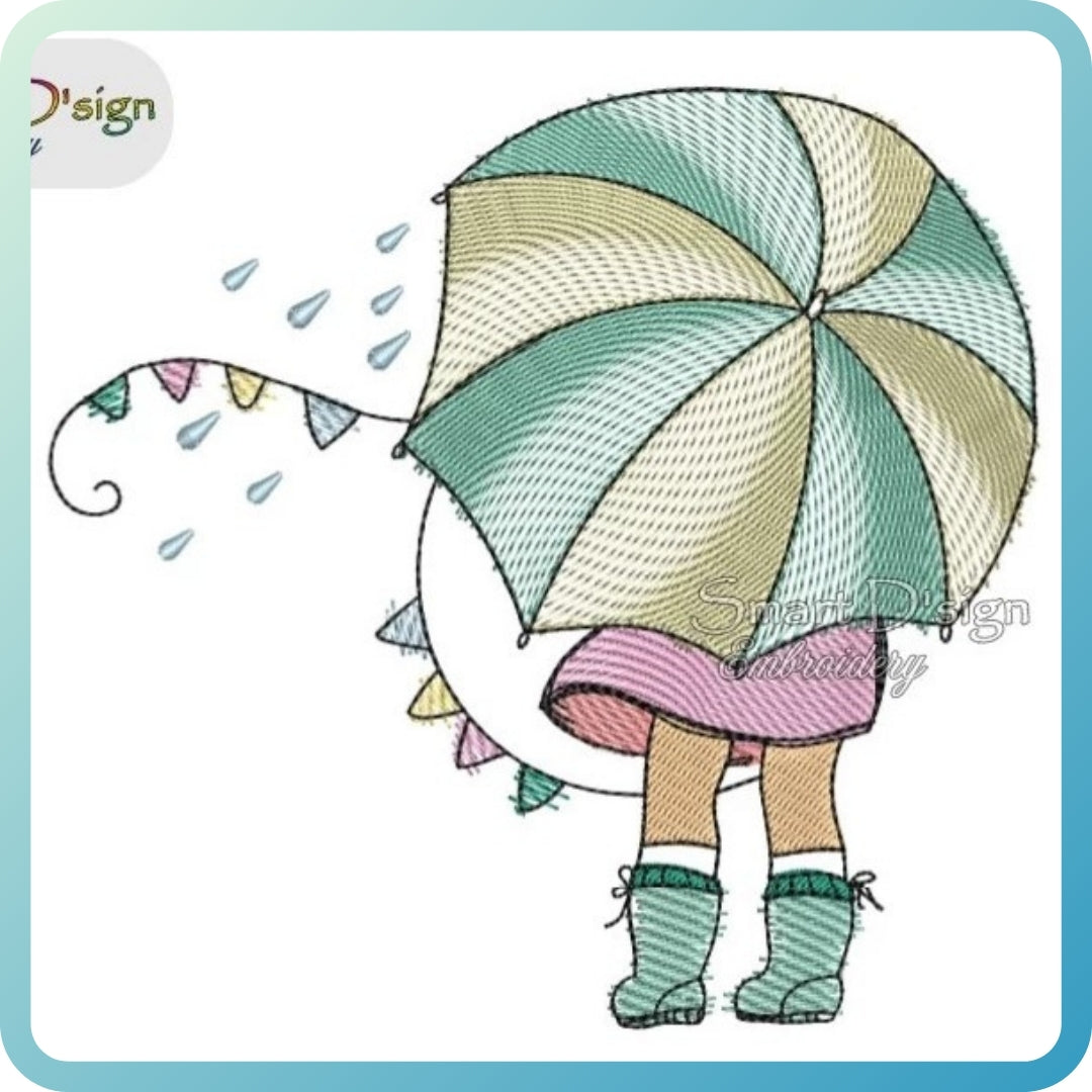 KLEINE LOLA mit Regenschirm - Doodle Zeichnung Stickdatei