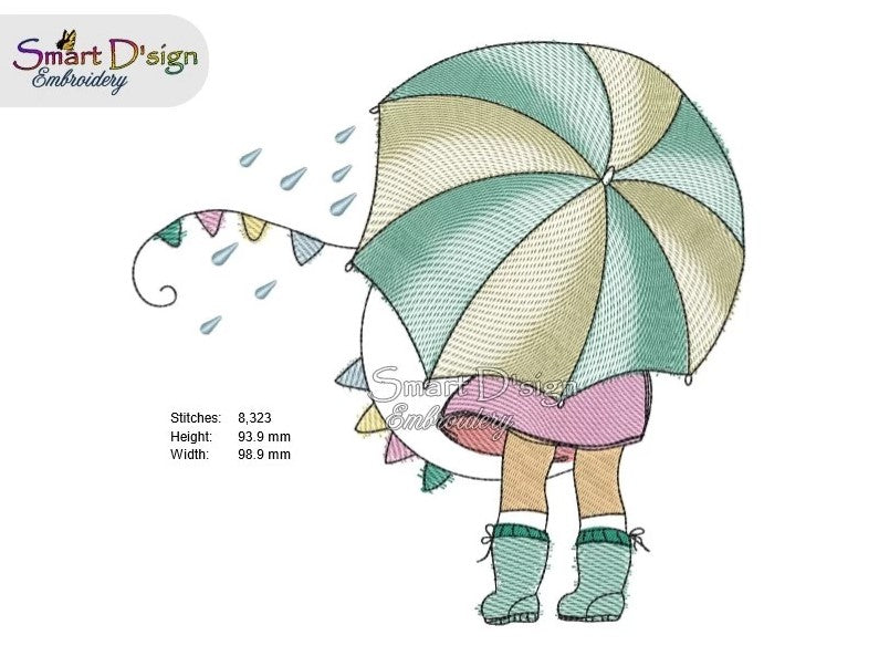 KLEINE LOLA mit Regenschirm - Doodle Zeichnung Stickdatei