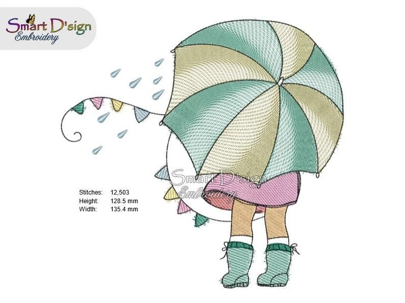 KLEINE LOLA mit Regenschirm - Doodle Zeichnung Stickdatei